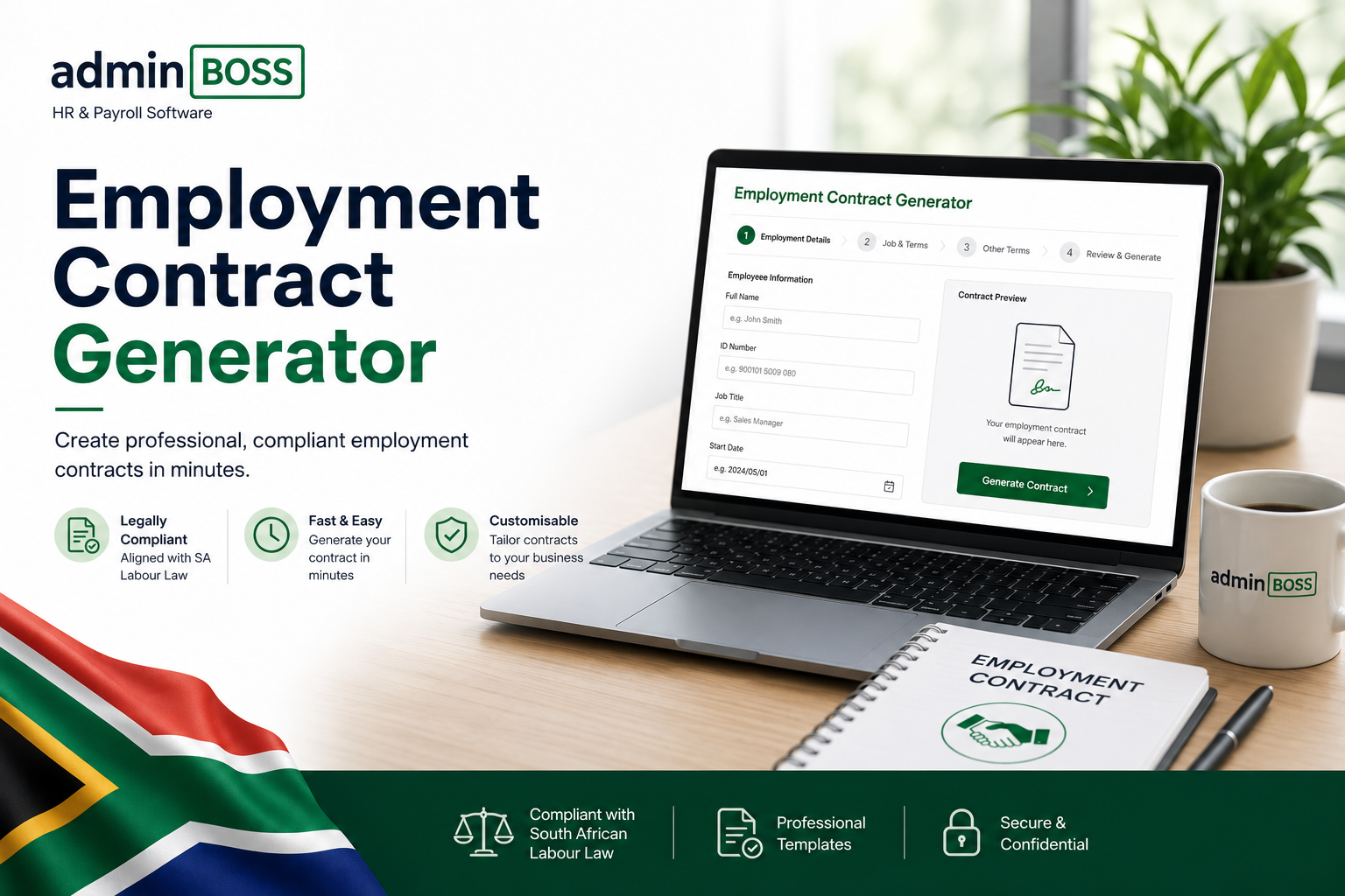 Employment contract generator interface showing form fields for employer details, employee information, and working hours