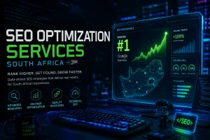 Cyber-themed SEO optimization dashboard with analytics, keyword rankings and South African digital marketing visuals representing technical SEO services.