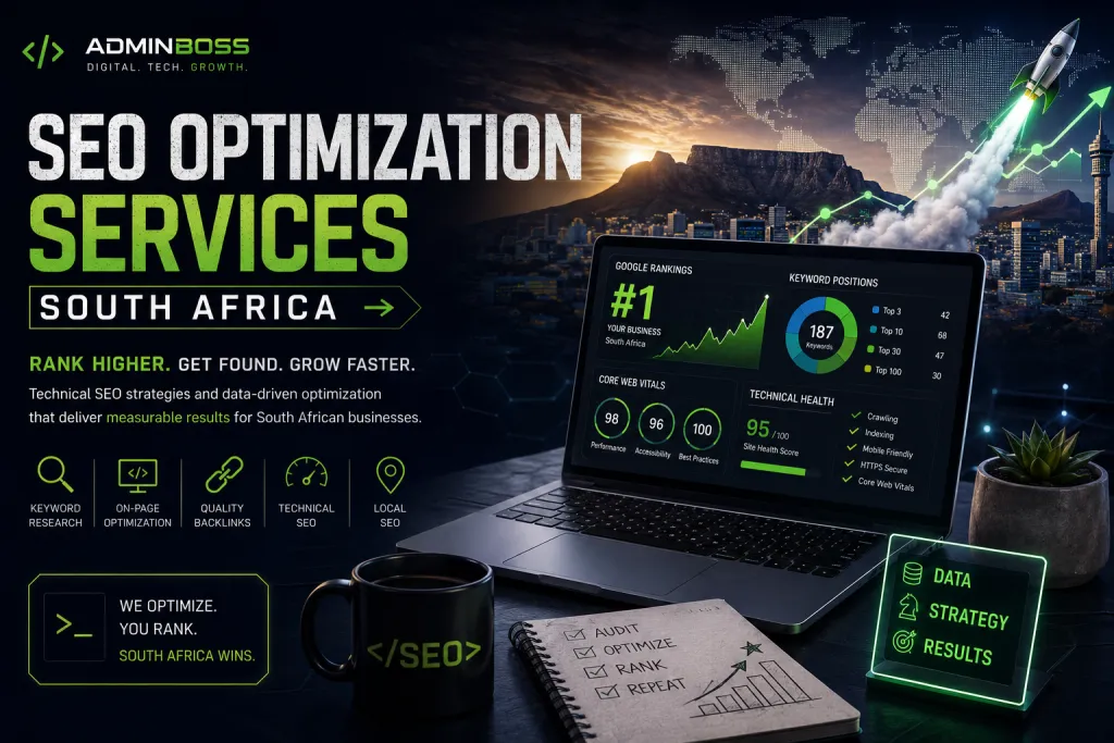 Modern SEO optimization workspace featuring a laptop with Google ranking analytics, keyword performance dashboards, technical SEO metrics and South African city skyline representing business growth.