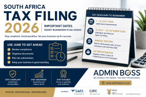 South Africa Tax Filing 2026 infographic showing SARS filing dates, CIPC annual returns, UIF registration reminders and business compliance checklist by Admin Boss.