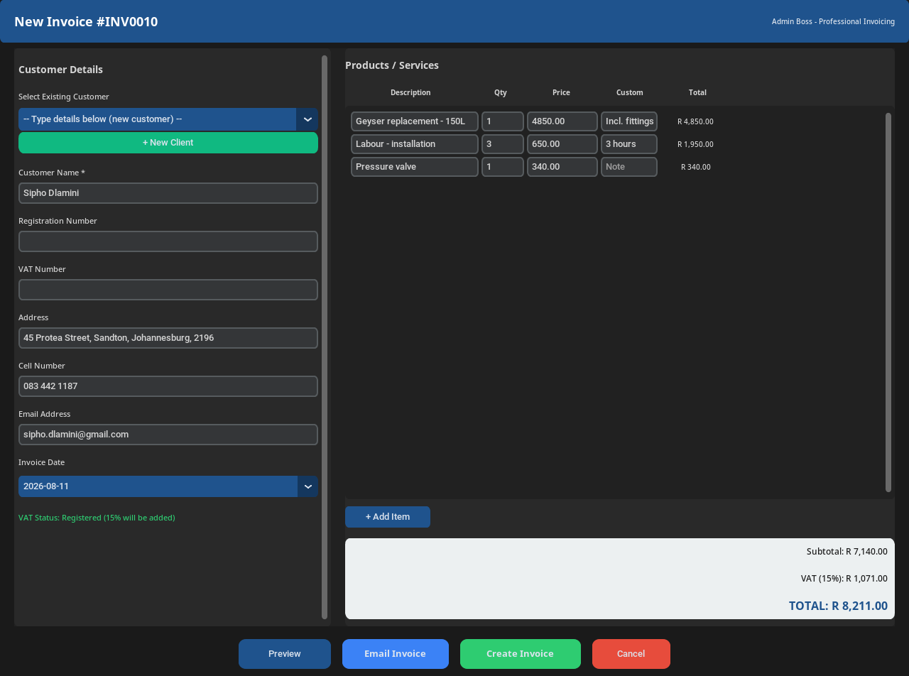Creating an invoice in InvoiceBoss with automatic 15% VAT calculation - free invoicing app South Africa