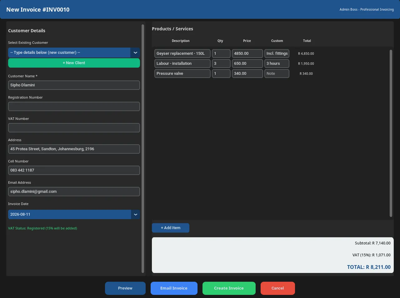 Creating an invoice in InvoiceBoss with automatic 15% VAT calculation - free invoicing app South Africa
