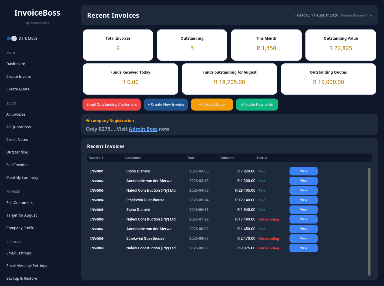 InvoiceBoss free invoice software South Africa — dashboard with invoices, outstanding payments and monthly income