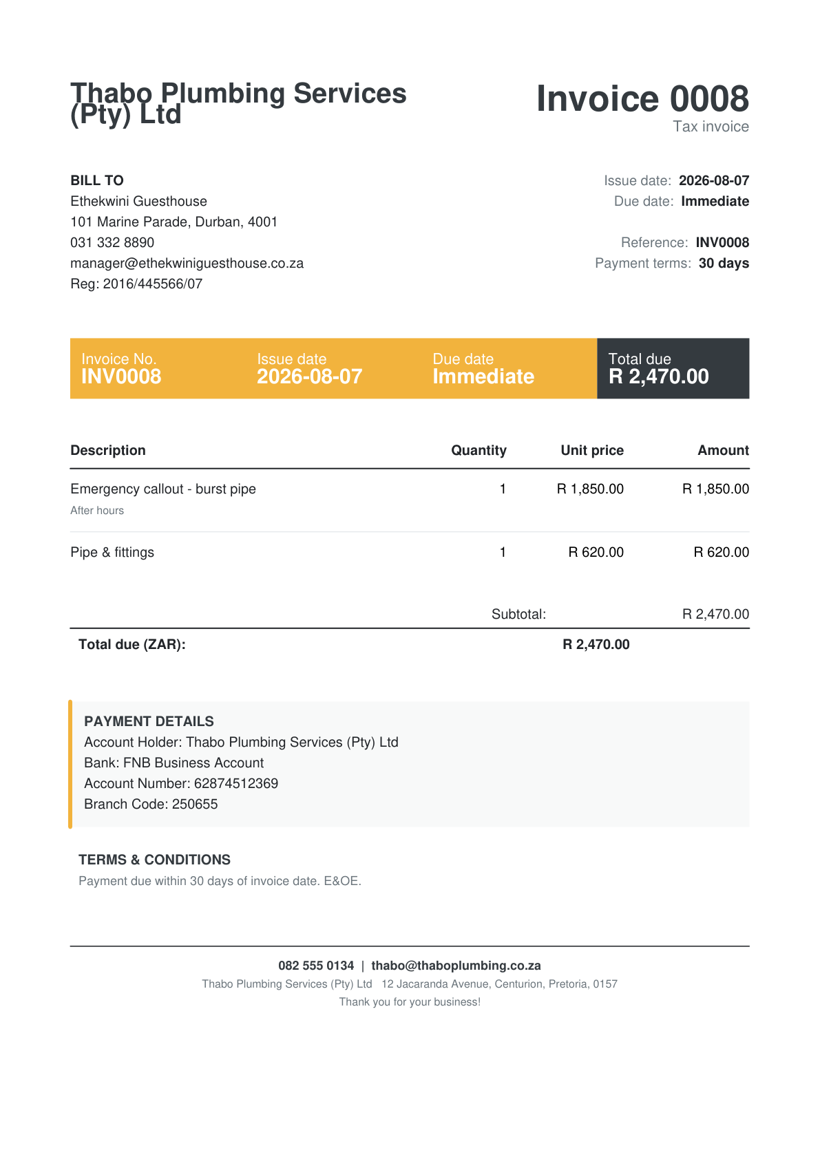 Professional PDF invoice template created with InvoiceBoss free invoicing software - branded invoice with banking details and VAT for South Africa