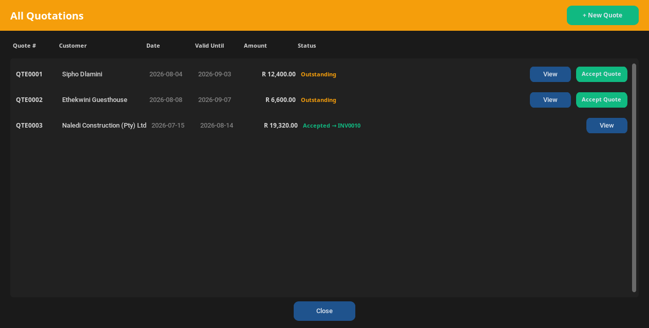 Quotes and estimates in InvoiceBoss - convert accepted quotes to invoices, free quote software South Africa