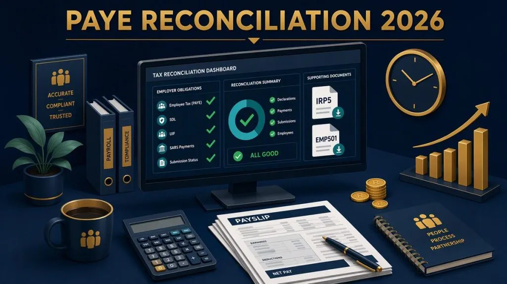 Payroll desk with reconciliation dashboard, IRP5 certificates and calculator for the EMP501 interim recon