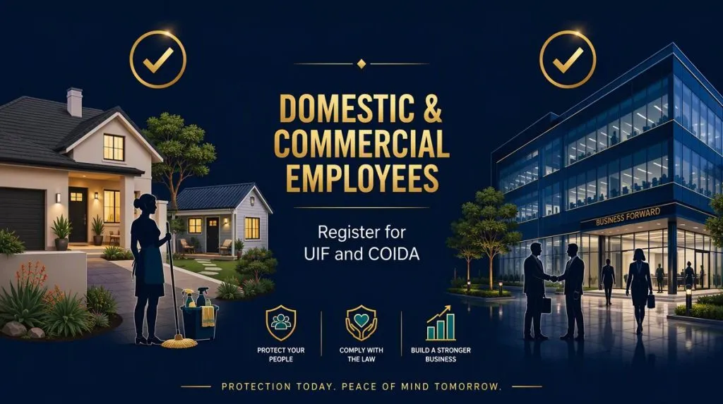 Illustration comparing a South African home and an office building, both marked compliant for UIF and COIDA